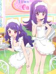  2girls :d apron blunt_bangs blush breasts cafe chair feet_out_of_frame frilled_apron frills hanazono_mia hanazono_shuka hand_on_own_hip hand_on_own_leg hand_up highres holding holding_tray idol_time_pripara ikzw indoors leaning_forward long_hair looking_at_viewer maid_headdress multiple_girls naked_apron open_mouth parfait ponytail pretty_series pripara purple_eyes purple_hair siblings sign sisters small_breasts smile standing table tray waitress white_apron 