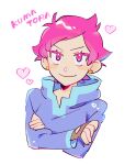  1girl character_name cyappy1022 earrings heart highres hood hoodie jewelry kumatora looking_at_viewer mother_(game) mother_3 pink_eyes pink_hair short_hair simple_background smile solo 