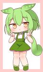  1girl absurdres blush brown_eyes chibi closed_mouth commentary_request double_v full_body green_footwear green_hair green_skirt hair_between_eyes hana_kazari hands_up highres long_hair looking_at_viewer outline pigeon-toed pink_background puffy_short_sleeves puffy_sleeves shirt shoes short_sleeves skirt smile solo standing suspender_skirt suspenders two-tone_background v very_long_hair voicevox white_background white_outline white_shirt zundamon 
