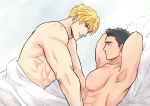  2boys abs ao_isami arms_behind_back bad_id bad_twitter_id bara black_hair blonde_hair couple eye_contact facial_hair foreplay highres large_pectorals lewis_smith looking_at_another male_focus multiple_boys muscular muscular_male naa2eaka on_bed pectorals seductive_smile sideburns_stubble smile stubble thick_eyebrows upper_body yaoi yuuki_bakuhatsu_bang_bravern 