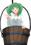  1girl :d bucket commentary_request green_eyes green_hair hair_bobbles hair_ornament hood hoodie in_bucket in_container kisume long_sleeves mizune_(winter) pointing puffy_sleeves simple_background smile solo touhou white_background white_hoodie wooden_bucket 