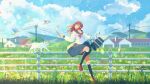  1girl against_fence atelier_umiyury bag bird blue_sailor_collar brown_footwear brown_hair building cat closed_eyes cloud cloudy_sky commentary day fence field grass highres holding holding_pencil loafers long_hair long_sleeves original outdoors pencil petals power_lines sailor_collar scenery school_bag school_uniform serafuku shoes sitting_on_fence skirt sky smile socks utility_pole white_cat wind 