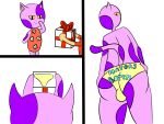 animal_crossing anthro big_butt black_eyes bob_(animal_crossing) bulge bulge_from_behind butt butt_focus clothing comic_panel curlyboy felid feline fur gift gift_box hand_on_hip hi_res human looking_back low-angle_view male mammal markings nintendo panties pupils purple_body rear_view red_clothing simple_background slit_pupils spots spotted_body spotted_fur tail tan_body tan_skin text text_on_clothing underwear villager_(animal_crossing) white_background yellow_clothing yellow_panties yellow_sclera yellow_underwear