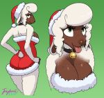  2018 anthro big_breasts breasts brown_skin caprine christmas dark_skin digital_media_(artwork) eyebrows eyelashes female fur hair hat hi_res holidays holly_(character) juicydemon looking_at_viewer mammal pompadour portrait pose santa_hat seductive sheep short_tail signature simple_background smile solo standing white_eyebrows white_fur white_hair wide_hips 