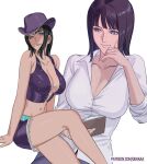  1girl black_hair blue_eyes book breasts cleavage collared_shirt cowboy_hat cross-laced_clothes cross-laced_top english_commentary hat holding holding_book large_breasts medium_hair midriff multiple_views navel nico_robin one_piece patreon_username purple_hat purple_shorts shirt short_shorts shorts smile uukkaa white_background white_shirt 