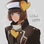  1boy blue_eyes brown_hair cheesenaanlassi guilty_gear guilty_gear_xrd hat hat_ornament heart heart_hat_ornament highres jacket looking_at_viewer medium_hair portrait smile solo solo_focus straight_hair zappa 
