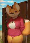  anthro biped bottomless breasts canid canine clothed clothing female fox fur genitals hi_res looking_at_viewer lucy_(sniffsnorf) mammal orange_body orange_fur pussy sniffsnorf solo tail 