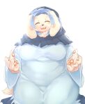  alternate_species anthro big_breasts blue_clothing blue_hair breasts canid canine canis clothing cookie_(touhou) domestic_dog eyes_closed female floppy_ears flour_(cookie) fur furrification hair ichirin_kumoi mammal pawpads slightly_chubby smile solo tennensui white_body white_fur 