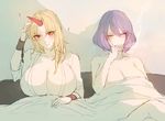  ? bangs bed bite_mark blonde_hair blush breasts bura chain cigarette cleavage closed_eyes collarbone cuffs eyebrows_visible_through_hair eyes_visible_through_hair hand_on_own_head hand_rest hand_up head_tilt holding holding_cigarette horn hoshiguma_yuugi huge_breasts indoors long_hair multiple_girls no_headwear nude open_clothes parted_bangs purple_hair red_eyes shackles short_hair sitting smoking sweat touhou under_covers upper_body yasaka_kanako yuri 