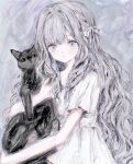  1girl animal black_cat cat dress grey_eyes grey_hair hair_ribbon highres holding holding_animal holding_cat long_hair looking_at_viewer original ribbon short_sleeves solo upper_body wavy_hair white_dress yuyuyuyhz 