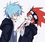  2boys black_robe blue_hair collared_shirt daut_barret earrings facial_mark headband jewelry lance_crown mashle multiple_boys necktie open_mouth red_eyes red_hair red_necktie robe shirt siiii_6918 spiked_hair sweat wand white_shirt 