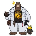 5_fingers anthro bangboo bear belt ben_bigger biped bottomwear brown_body brown_fur chain_necklace clothed clothed_anthro clothed_male clothing duo eye_scar eyes_closed facial_scar feet fingers fur hi_res jacket jewelry male male_anthro mammal mihoyo necklace open_clothing open_jacket open_topwear overweight overweight_anthro overweight_male pants scar shyybuchi simple_background teeth toes topwear white_background white_bottomwear white_clothing white_jacket white_pants white_topwear zenless_zone_zero