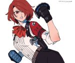  1girl armband belt belt_buckle black_gloves bow bowtie buckle clenched_hands collared_shirt commentary_request cosplay dated evoker fighting_stance gekkoukan_high_school_uniform gloves highres holster kirijou_mitsuru korean_commentary lcs_0209 parted_lips persona persona_3 persona_3_reload red_armband red_bow red_bowtie s.e.e.s sanada_akihiko sanada_akihiko_(cosplay) school_uniform serious shirt simple_background sleeves_rolled_up solo spiked_knuckles twitter_username upper_body white_background white_shirt 