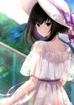  absurdres bird black_eyes black_hair blue_bird bow closed_mouth dress hat highres kuonji_alice long_dress looking_at_viewer mahou_tsukai_no_yoru purple_bow purple_ribbon ribbon shimotsukishin short_hair short_sleeves skirt sunlight tree white_hat white_skirt 