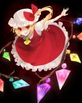  1girl adapted_costume ascot blonde_hair bow collared_shirt dark_background dress flandre_scarlet frilled_dress frilled_sleeves frills glowing glowing_wings hair_bow hat looking_at_viewer medium_hair mob_cap multicolored_wings one_side_up open_mouth pinafore_dress puffy_short_sleeves puffy_sleeves raafuru red_background red_bow red_dress red_eyes shirt short_sleeves simple_background sleeveless sleeveless_dress solo teeth touhou upper_teeth_only white_hat white_shirt wings yellow_ascot 