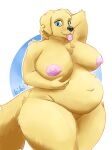 anthro belly big_belly big_breasts bird_dog breasts canid canine canis chest_tuft curvy_figure digital_media_(artwork) domestic_dog ear_piercing female fluffy fluffy_tail front_view fur genitals golden_retriever hand_behind_head hi_res huge_breasts hunting_dog kikideernunda looking_at_viewer mammal navel nipples nude obese obese_anthro obese_female overweight overweight_anthro overweight_female piercing pinup pose pussy retriever shaded simple_background smile solo standing tail thick_tail thick_thighs tongue tongue_out tuft voluptuous
