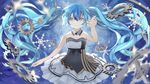  arm_up blue_hair choker eyebrows_visible_through_hair floating_hair hair_between_eyes hatsune_miku kari_kenji long_hair looking_at_viewer silver_eyes skirt sleeveless smile solo strapless twintails very_long_hair vocaloid white_skirt 