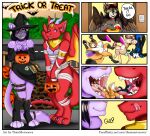  2018 absurd_res alst anthro bulge candy canid canine canis clothing costume dessert dragon extreme_size_difference fantasy felid feline female food fox fruit group halloween hi_res holidays macro male mammal mexican_wolf micro mouse mouth_shot murid murine mythological_creature mythological_scalie mythology open_mouth plant pumpkin rodent scalie size_difference teeth thaismotosuwa tongue vore wolf ych_(character) 