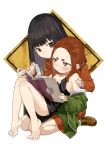  2girls @_@ adashino_oto aged_down black_hair book brown_eyes brown_hair commentary_request flat_chest green_jacket holding holding_book jacket kaii_to_otome_to_kamigakushi legs medium_hair mole mole_under_eye multiple_girls ogawa_sumireko open_mouth red_eyes second-party_source sidelocks simple_background sitting thick_eyebrows toenails toes white_background yamamoto_souichirou 