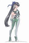  1girl ass black_hair bodysuit eve_(stellar_blade) full_body gloves green_bodysuit long_hair looking_at_viewer mechanical_spine multicolored_bodysuit multicolored_clothes pomodorosa ponytail solo stellar_blade two-tone_bodysuit 