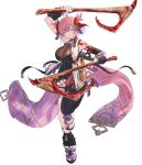  absurdres asymmetrical_clothes asymmetrical_hair axe breasts chichiri coat draph full_body granblue_fantasy hair_ornament highres holding holding_axe horns large_breasts leg_up mou_pl purple_tassel single_pantsleg sleeveless sleeveless_coat tassel tassel_hair_ornament 