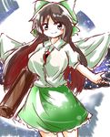  arm_cannon black_hair blush bow breasts brown_eyes cape cocked_eyebrow commentary_request enostal gradient_hair hair_bow highres large_breasts looking_at_viewer multicolored_hair red_hair reiuji_utsuho skirt smile solo third_eye touhou weapon wings 