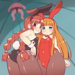  2girls artist_request blonde_hair blue_eyes braid brown_eyes brown_hair bunny_ears bunnysuit fundoshi juju_coo_shnamur kukuri long_hair mahoujin_guruguru multiple_girls 