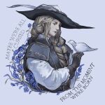  1girl bird blonde_hair blue_robe buriedinembers dark_souls_(series) dark_souls_ii english_text forget-me-not_(flower) gloves hat highres holding long_hair long_sleeves lucatiel_of_mirrah plume robe sash shoulder_sash solo winged_headwear 