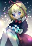  1girl absurdres blonde_hair blue_eyes bow flower hair_bow hair_ribbon highres legs lily_of_the_valley looking_at_viewer medicine_melancholy open_mouth puffy_sleeves red_skirt ribbon shirt short_hair short_sleeves skirt smile solo touhou user_sxyv2257 