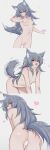  1girl :o absurdres all_fours animal_ear_fluff animal_ears ass bar_censor blue_eyes blush breasts censored cleft_of_venus completely_nude dog_ears dog_girl dog_tail eyelashes fang grey_hair hair_between_eyes hair_over_shoulder heart highres hip_bones long_bangs long_hair looking_at_viewer looking_back multiple_views mustee naughty_face nipples nude open_mouth original presenting pussy ribs sidelocks simple_background skinny small_breasts smile sparkle standing tail tail_wagging tongue 