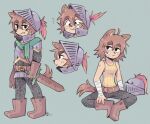 2019 anthro armor band-aid band-aid_on_face bandage bandage_on_face bandaged_wrist belt black_bottomwear black_clothing black_nose black_pants boots bottomwear breasts brown_belt brown_body brown_boots brown_clothing brown_footwear brown_fur canid canine canis claws clothing colored domestic_dog eyebrows female footwear freckles fur graskip green_clothing green_scarf grey_background hand_on_leg hand_on_own_leg holding_melee_weapon holding_object holding_sword holding_weapon knight knight_armor knight_dog_(graskip) looking_at_viewer looking_away looking_down mammal melee_weapon pants scarf shaded shirt side_mouth side_view simple_background sitting sitting_on_ground solo standing surprise surprised_expression sword tail tan_body tan_fur tan_inner_ear tank_top thick_eyebrows topwear warrior weapon yellow_claws yellow_clothing yellow_shirt yellow_tank_top yellow_topwear