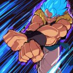  attack black_wristband blue_eyes blue_hair crossed_arms dkajart dragon_ball dragon_ball_super fusion gogeta highres muscular muscular_male pants pk_draws_40 smile white_pants 