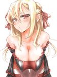  1girl bare_shoulders bent_over blonde_hair blush breasts cleavage collarbone erect_nipples female hair_ornament hair_ribbon highres large_breasts long_breasts long_hair looking_at_viewer original red_eyes ribbon sagging_breasts simple_background solo standing thigh_gap tomako_(tatihitoe) white_background 