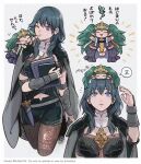  2girls black_shorts blue_hair blunt_bangs book byleth_(female)_(fire_emblem) byleth_(fire_emblem) cape cheek_poking dress fire_emblem fire_emblem:_three_houses green_hair hair_between_eyes highres holding holding_book long_hair mhsk154 multiple_girls multiple_views navel pointy_ears poking purple_dress purple_eyes shorts sothis_(fire_emblem) spoken_zzz translation_request very_long_hair zzz 