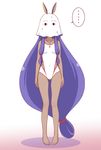  &lt;o&gt;_&lt;o&gt; 1girl animal_ears arms_at_sides bare_arms bare_legs bare_shoulders barefoot breasts collarbone commentary_request competition_swimsuit cosplay covered_navel dark_skin earrings facing_viewer fate/grand_order fate_(series) full_body gradient gradient_background ha-ru hoop_earrings ikasumi_(user_gsgn4323) jackal_ears jewelry legs_apart long_hair low-tied_long_hair mask medjed medjed_(cosplay) necklace nitocris_(fate/grand_order) nitocris_(swimsuit_assassin)_(fate) one-piece_swimsuit pendant pigeon-toed purple_hair sidelocks small_breasts solo speech_bubble spoken_ellipsis standing sweat swimsuit very_long_hair white_background white_swimsuit 