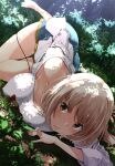  1girl ass blonde_hair blue_shorts blush breasts cleavage closed_mouth highres izumi_mahiru large_breasts looking_at_viewer lycoris_recoil nishikigi_chisato non-web_source orange_eyes outdoors shirt short_hair shorts solo white_shirt 