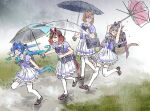  4girls :d ahoge animal_ears aqua_hair arms_up bag blue_hair blunt_ends blush bob_cut bow bowtie braid broken_umbrella brown_footwear cabbie_hat crossed_bangs ear_covers glasses grass hair_bow hat highres holding holding_umbrella horse_ears horse_girl horse_tail ikuno_dictus_(umamusume) inverted_umbrella leg_up light_brown_hair long_hair looking_at_another mary_janes matikane_tannhauser_(umamusume) multicolored_hair multiple_girls nice_nature_(umamusume) open_mouth orange_hair ouka_(yama) outdoors outstretched_arms petticoat pleated_skirt purple_bow purple_bowtie purple_shirt rain red_hair red_ribbon ribbon round_eyewear school_bag school_uniform shirt shoes short_sleeves sidelocks single_braid skirt smile streaked_hair tail thighhighs tracen_school_uniform twin_turbo_(umamusume) twintails two-tone_hair umamusume umbrella white_skirt white_thighhighs 