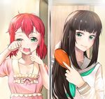  absurdres blush brown_hair brushing_teeth closed_mouth collarbone comb commentary_request eyebrows_visible_through_hair green_eyes hair_between_eyes hair_brushing head_tilt highres holding kurosawa_dia kurosawa_ruby long_hair long_sleeves looking_at_viewer love_live! love_live!_sunshine!! messy_hair mirror mole mole_under_mouth multiple_girls open_mouth pajamas red_hair reflection ribbon_trim rubbing_eyes school_uniform serafuku shaka_(staito0515) shirt siblings sisters sketch smile squinting toothbrush uranohoshi_school_uniform 