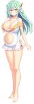  1girl barefoot breasts cleavage collarbone dress eucalitto expressionless feet full_body green_hair hand_on_own_chest highres hinata_nao large_breasts legs legs_together long_hair looking_at_viewer navel official_alternate_costume official_art pregnant robot_ears sex_underworld_e_youkoso! short_dress solo standing tachi-e toes transparent_background yellow_eyes 