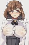  1girl asahi_(kancolle) bra bra_visible_through_clothes braid breasts brown_hair collared_shirt grey_eyes hair_ribbon hakama hakama_skirt high-waist_skirt highres japanese_clothes kantai_collection large_breasts long_sleeves mole mole_under_mouth poyo_teitoku red_bra ribbon shirt short_hair single_braid skirt solo sweatdrop underwear white_ribbon white_shirt 