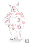 2021 absurd_res anthro balls belly biceps facial_hair feet felid feline flaccid forearm_muscles foreskin fur genitals goatee grin hand_on_hip hi_res lomlynx looking_at_viewer lynx male mammal manly musclegut muscular navel nipples nude pecs penis pink_body pink_fur pink_stripes pubes sideburns simple_background slightly_chubby smile solo standing striped_body stripes triceps vein veiny_penis white_background
