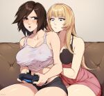  2girls allen_skies bare_shoulders blush breasts brown_eyes brown_hair cleavage controller game_controller gamepad grabbing grabbing_another&#039;s_breast grabbing_from_behind groping hand_under_clothes highres holding holding_controller holding_game_controller kazama_asuka large_breasts lili_(tekken) long_hair molestation multiple_girls navel nipple_stimulation nipple_tweak nipples open_mouth playstation_controller short_hair tank_top tekken tomboy yuri 