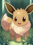  :d brown_eyes commentary_request day eevee grass highres no_humans open_mouth outdoors pokemon pokemon_(creature) rumine_(yoshi1234567) smile solo standing tree 