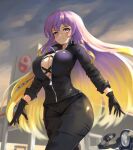  1girl absurdres alternate_costume biker_clothes bikesuit black_gloves black_jacket blonde_hair bodysuit breasts cleavage criss-cross_halter edz_drawz gloves gradient_hair halterneck highres hijiri_byakuren jacket large_breasts long_hair looking_at_viewer motor_vehicle motorcycle multicolored_hair outdoors purple_hair smile touhou turbo_byakuren very_long_hair yin_yang 