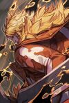  1boy blonde_hair brown_jacket from_behind guilty_gear guilty_gear_strive holding holding_weapon hungry_clicker jacket leo_whitefang long_hair male_focus serious solo spiked_hair upper_body weapon 