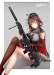  brown_hair bullpup cape character_name chicami crossed_legs dsr-50_(girls_frontline) elbow_gloves girls_frontline gloves gun hair_ornament highres long_hair looking_at_viewer red_eyes rifle scope simple_background single_thighhigh smile smoke smoking_gun sniper_rifle solo suppressor thighhighs weapon 