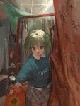  1girl :d bag child clothes_writing collared_shirt curtains green_eyes green_hair grey_skirt highres holding holding_bag indoors kouka_(mrakano5456) long_sleeves medium_hair open_mouth original red_curtains shirt skirt smile solo 