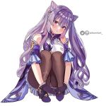  1girl artist_name black_pantyhose breasts chinese_clothes choker cone_hair_bun diamond-shaped_pupils diamond_(shape) double_bun dress genshin_impact gloves hair_bun hair_ears highres instagram_logo instagram_username kamiiart knees_to_chest large_breasts long_hair neck_tassel pantyhose pearl_hair_ornament purple_choker purple_dress purple_eyes purple_gloves purple_hair sitting symbol-shaped_pupils twintails twitter_logo twitter_username very_long_hair 