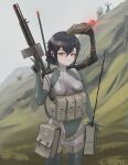  1girl absurdres android assault_rifle black_hair bodysuit breasts earpiece folding_stock gun h&amp;k_mp5sd highres holding holding_gun holding_weapon klottinen load_bearing_vest looking_at_viewer magazine_(weapon) multicolored_hair optical_sight original pouch rifle short_hair skin_tight small_breasts solo strap streaked_hair submachine_gun suppressor thigh_pouch thigh_strap trigger_discipline two-tone_bodysuit weapon yellow_eyes 