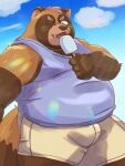 2024 anthro belly big_belly bottomwear brown_body bulge canid canine clothing cloud food hi_res humanoid_hands kemono male mammal one_eye_closed outside overweight overweight_male popsicle raccoon_dog shirt shorts solo tanuki tanukinoden topwear wink